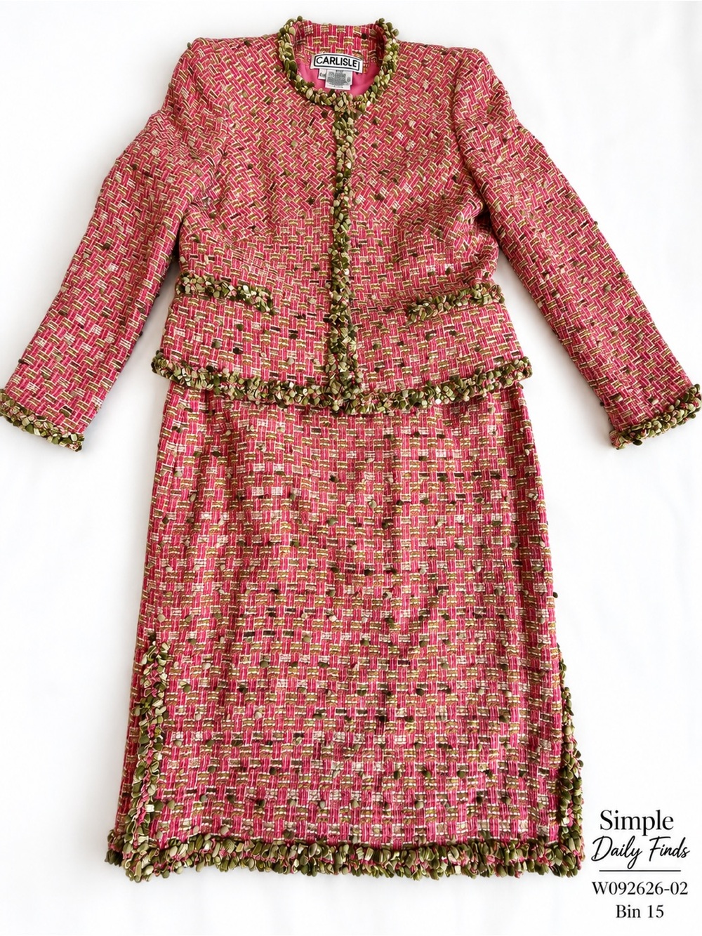 Carlisle Pink Green Boucle Tweed Wool Skirt Suit Jacket 6 Skirt 10